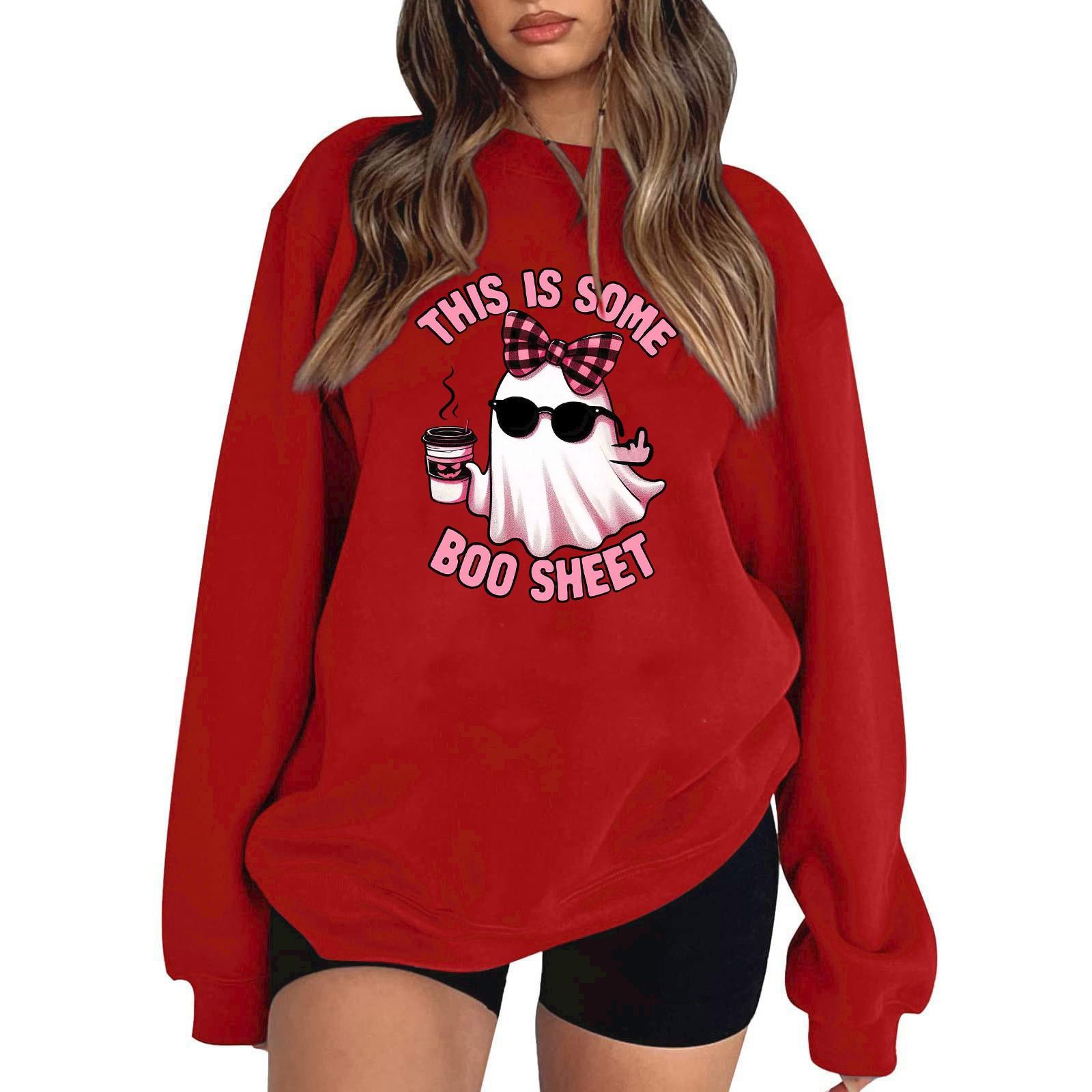 

Женский пуловер с принтом Хэллоуина, круглый вырез, заниженная линия плеча, блузка с длинными рукавами XL красный