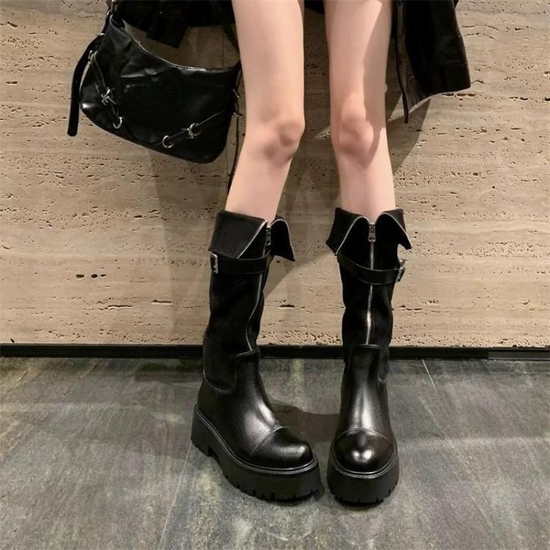 Fashion Black Belt Buckle Platform Knee High Shaft Shoes Woman Comfortable and Elegant Footwear New in Demi-season Long Boots for Women