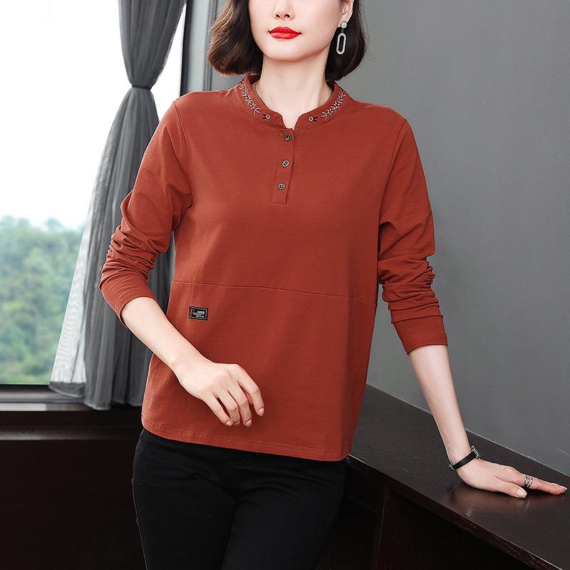 Embroidered Round Neck Loose-Fit Pullover Blouse for Autumn/Winter