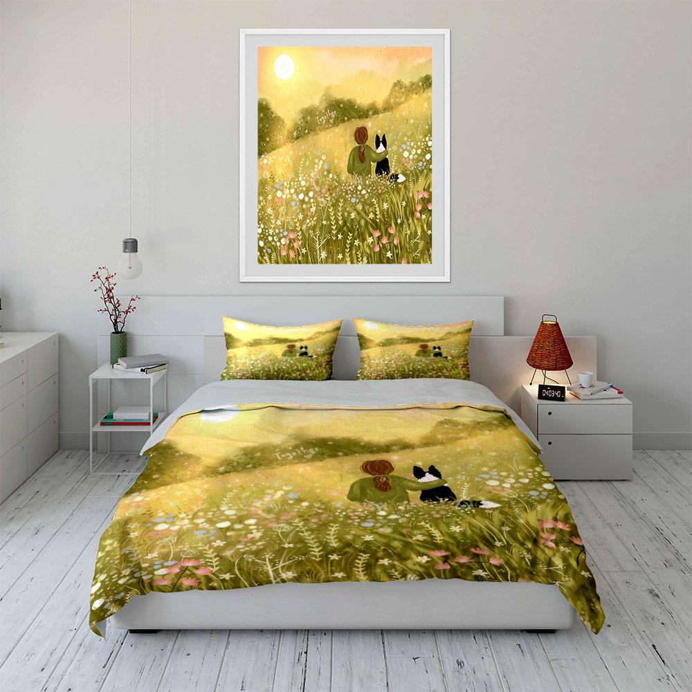 3Pcs Warm Sunlight Bedding Set, Girl And Dog In Spring Flower Field Print Duvet Cover & 2*Pillowcases, Gift