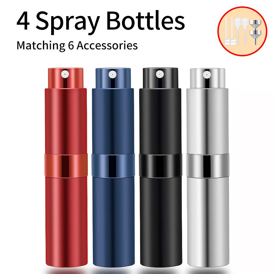 4PCS+6 Accessories Perfume Atomizer Refillable with 5 Spray Bottles, 2 Aluminum Funnel, 2 Dispensing Shenanigans, 2 Spring Straw