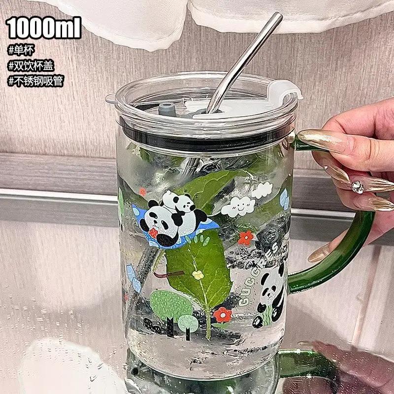

1L Large Capacity Glass Cup with Lid and Straw Transparent Drinking Glasses for Juice Water and Iced Coffee Cups Drinkware Mug 1000ML