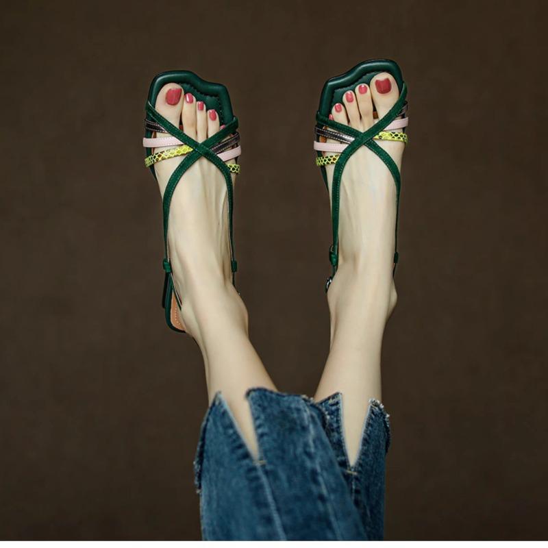 Fashion 2025 New Patchwork Fish Mouth Low Heel Sandals 2025 Summer New French Open Toe Short Heel Roman Shoes