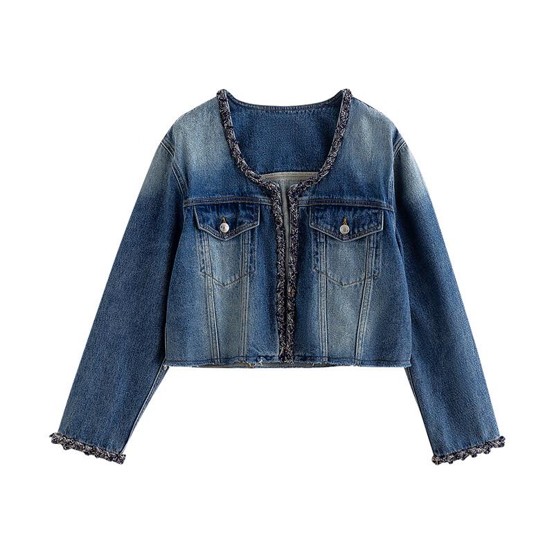 Chuyu Women's Retro Woven Trim Denim Jacket