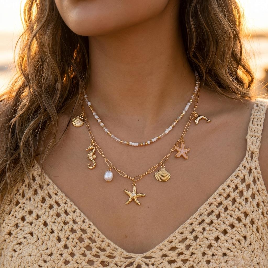 Bohemain Vintage Shell Starfish Turtle Multilayer Necklace for Women Ethnic Handmade Blue Beaded Necklaces Summer Beach Jewelry