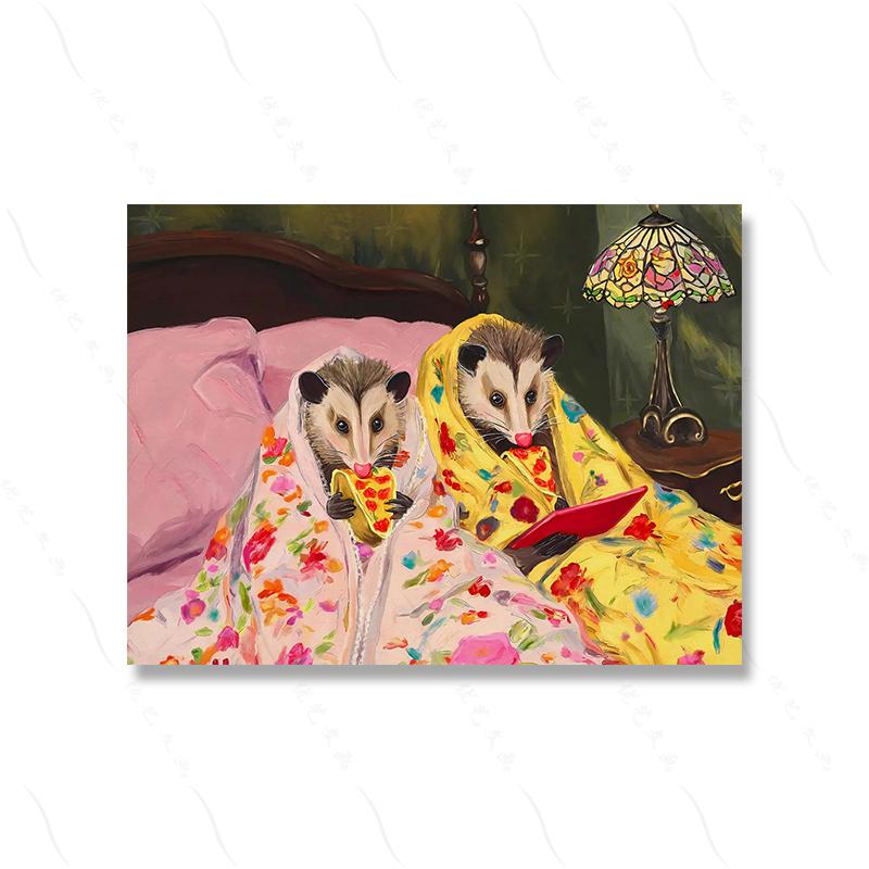 Pizza Night Art Print Surreal Possum Eating Pizza in Bed Poster Quirky Animal Wall Decor Canvas Painting Pictures 21X30CMNo Framed