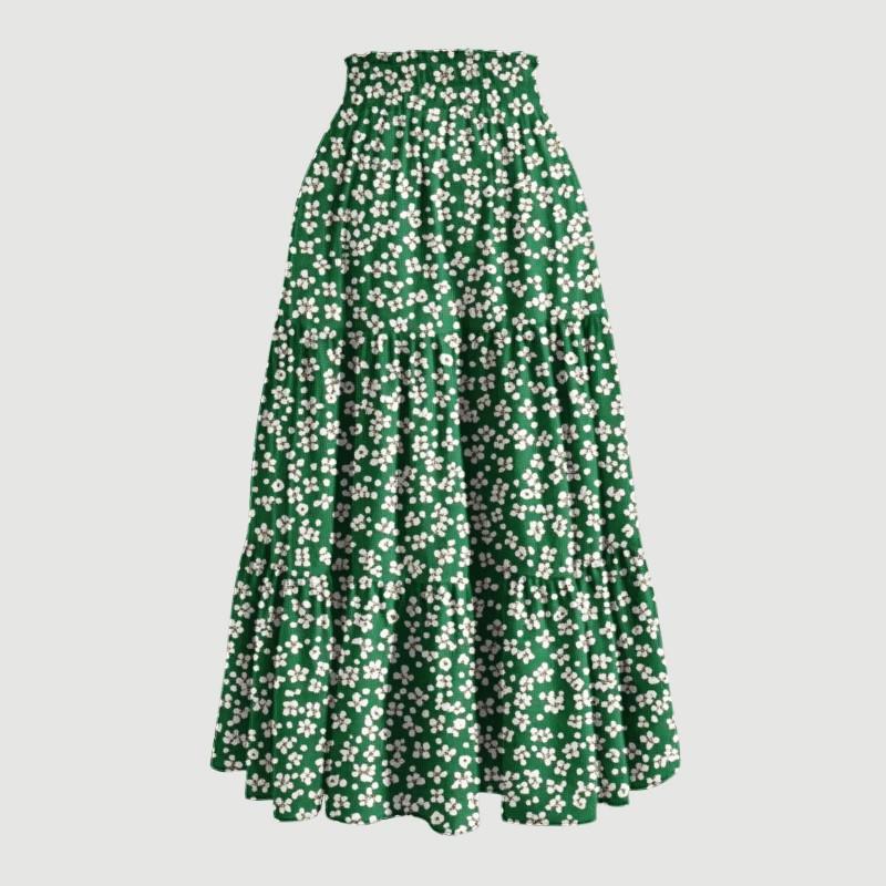 Printed Pocket Spliced Elastic Waist Midi Skirt Women Elegant Commuter Style
