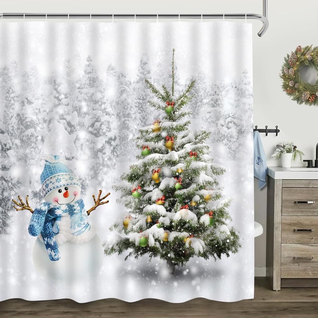 Christmas Shower Curtain Red Vintage Truck Snowman Xmas Tree Winter Forest Birds New Year Rustic Retro Farmhouse Bathroom Decor