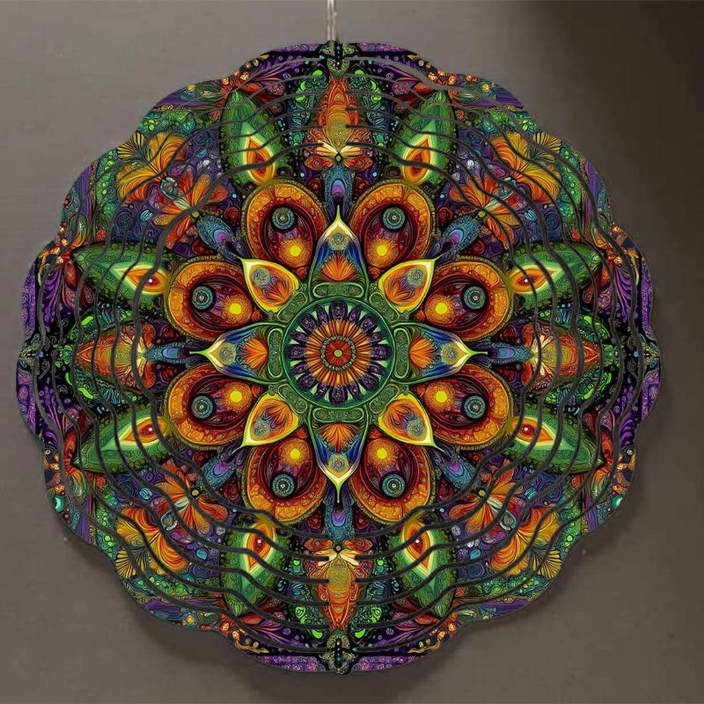 Bohemian Style Metal Wind Spinner 10 Inch Vibrant Garden Decor with 360 Swivel Hook Mandala Design for Patio Porch Yard Outdoor