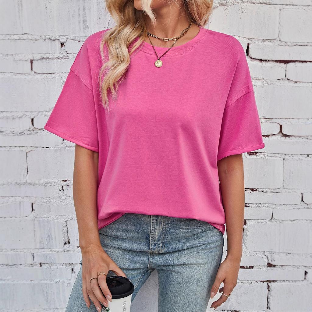 Summer Loose Cotton Solid Color Round Neck Short Sleeved Fringed T-shirt
