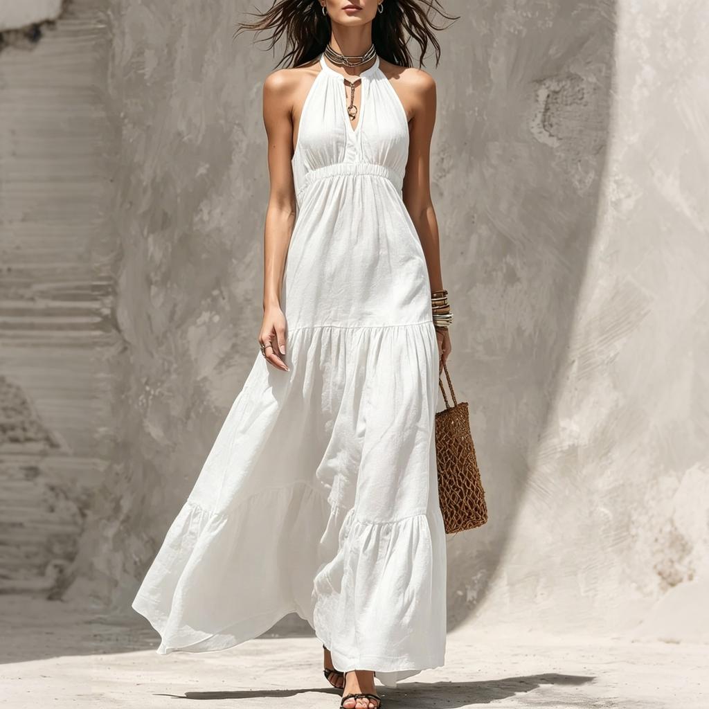 Women V Neck Sleeveless Maxi Dress with Fitted Waist and Tiered Skirt Vacation Style Long Dress for Casual and Daily Wear