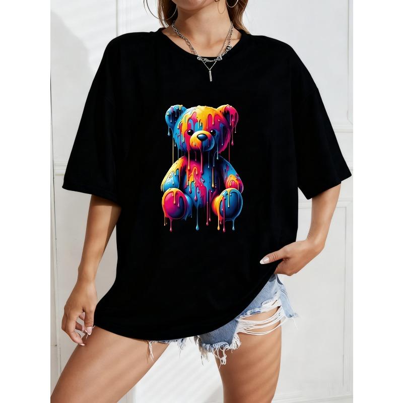 White Oversized T Shirt With Colorful Dripping Paint Bear Print For Casual Wear