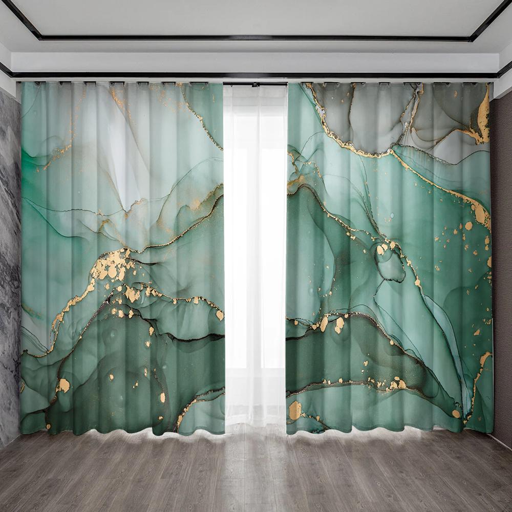 2PC Home Decoration Curtains With Green Marble Background And Pole Pocket Curtains, Kitchen, Coffee Shop, Living Room, Balcony