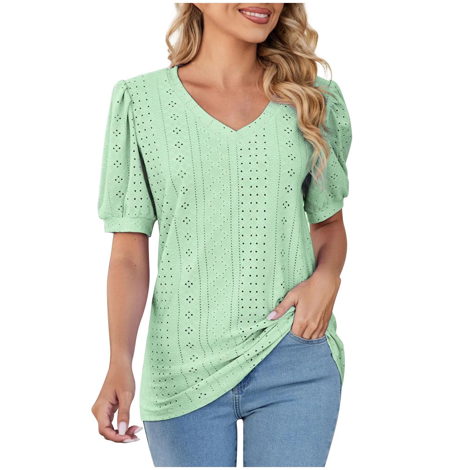 

New European, American spring and summer casual v-neck solid color hollow bubble sleeve loose t-shirt S флуоресцентный зеленый