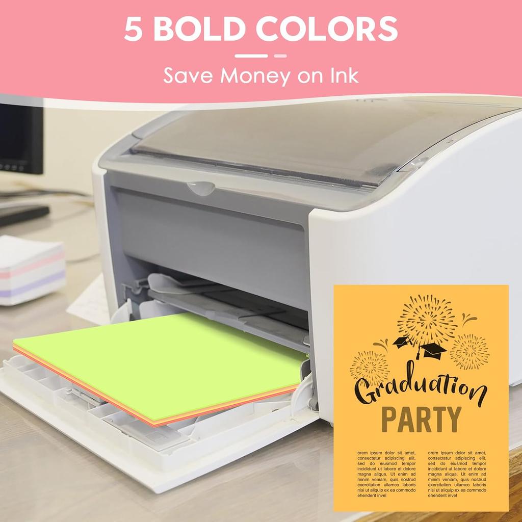 50 Sheets Neon Printer Paper 8.5 x 11 Assorted Colored Copy Computer Paper 20 lb A4 70 gsm Fluorescent Construction Paper for Printing