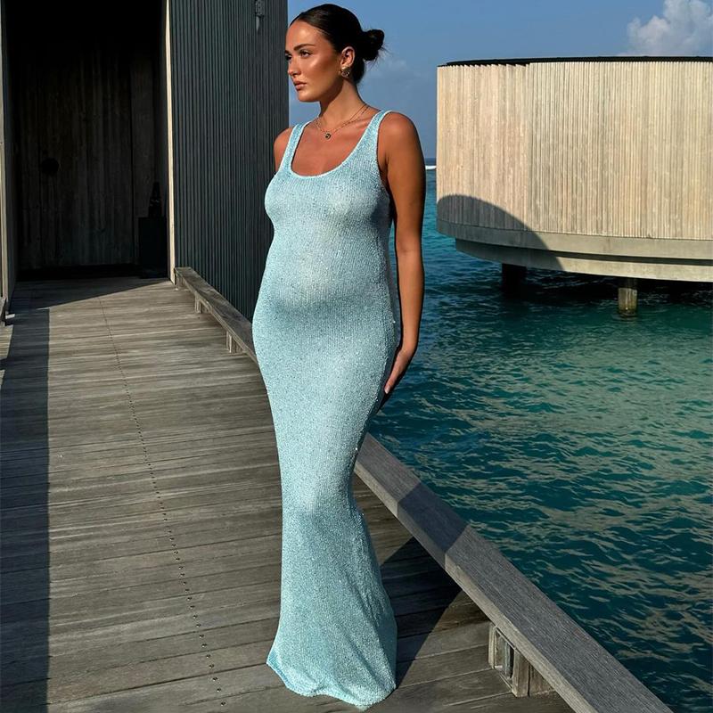 Sommer Sexy Durchsichtiges Langes Kleid Für Frauen Hohe Taille Ärmellose Schlanke Midikleider Damen Party Bodycon Glänzende Pailletten Abend Elegantes Kleid Dame