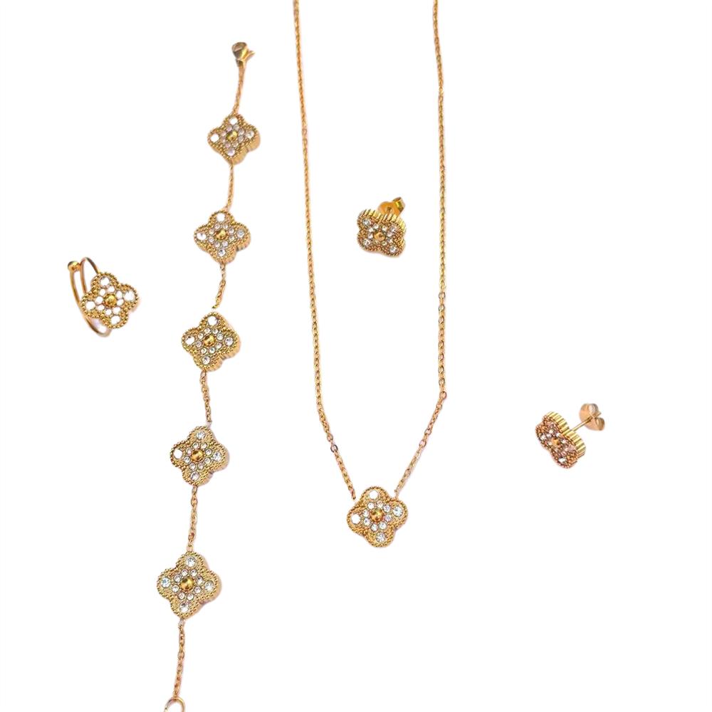 Clover Iced Out Zircon Anti Non Tarnish Free Stainless Steel Waterproof Fashion Jewelry Bracelets Necklaces Earrings Ringfs Set