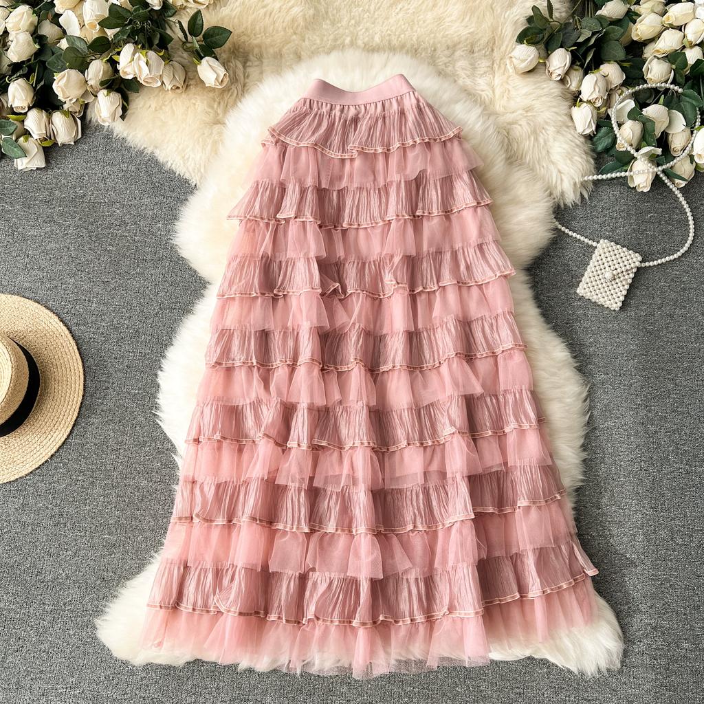 Summer Women Elegant Ruffles Mesh Tulle Cake Long Maxi Skirt