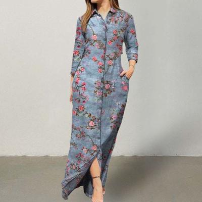 Lapel Long Sleeve Pockets Maxi Dress Autumn Winter Classic Floral Print Single Breasted Shirt Dress Streetwear