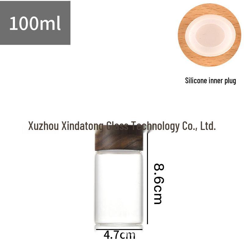 Acacia Wood Lid Borosilicate Glass Canister for Tea, Agarwood Bracelet Display, or Medicine Powder Storage.