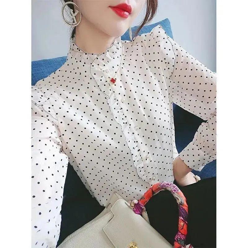 Polka Dot Shirt Women's New Fashion French Long Sleeve Bottoming Blouse Spring Autumn Loose Stand Collar OL Top M-4XL