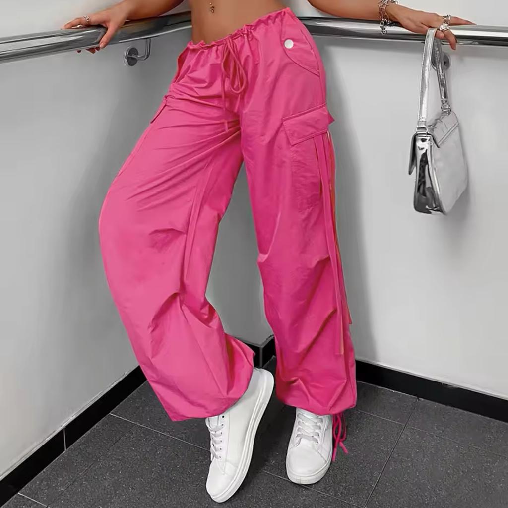 Spring and Summer Rose Red Work Pants for Women's Summer New Style Bow Drawstring Wide-leg Sports Pants