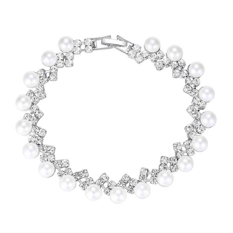 Modischer dreiteiliger Brautschmuck, elegantes Strass-Perlen-Ohrringe-Halsketten-Armband-Set 2