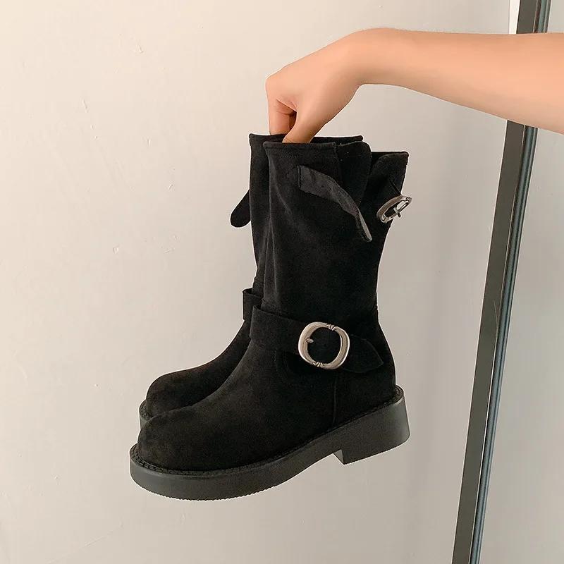 2024 New Ankle Boots, Women's Interior Height Increasing Western Boots, Retro Thick Heel Round Toe  Pile Up Boots Women Shoes