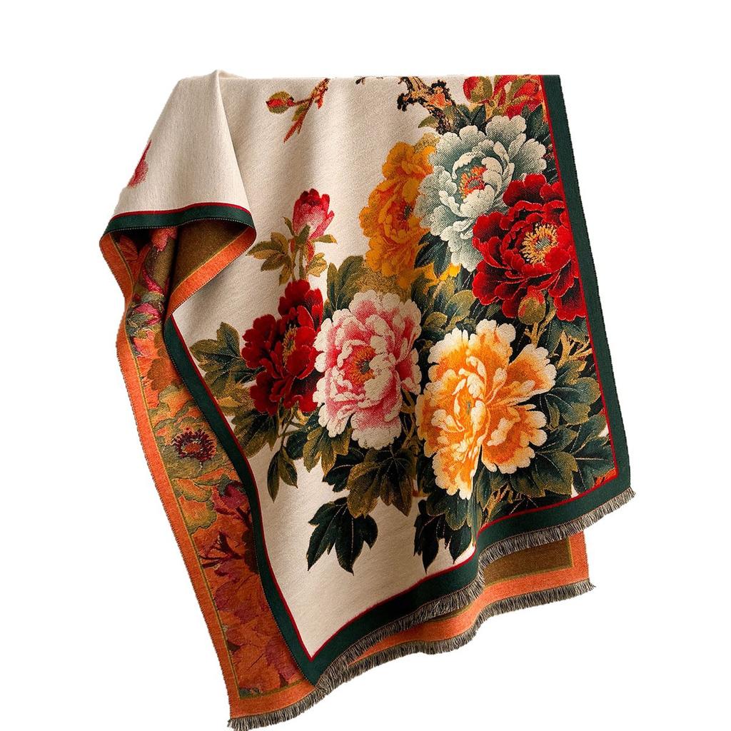 New Chinese Peony Flower Imitation Cashmere Jacquard Scarf Women's Autumn and Winter New Retro Thickened Warm Scarf Shawl