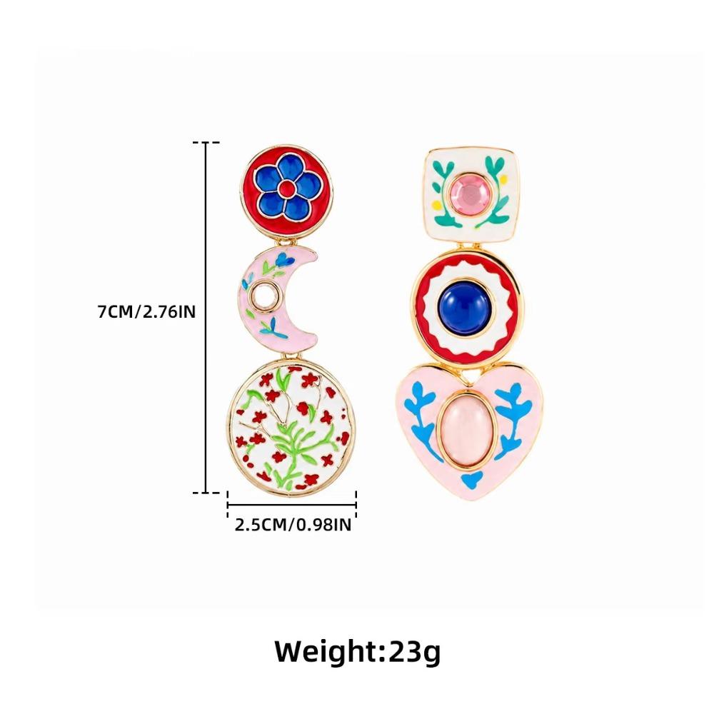 Bohemia Vintage Design with Diamond Inlaid Heart-shaped Pendant Asymmetrical Heart Flowers Earrings Women Party Vacation Jewelry
