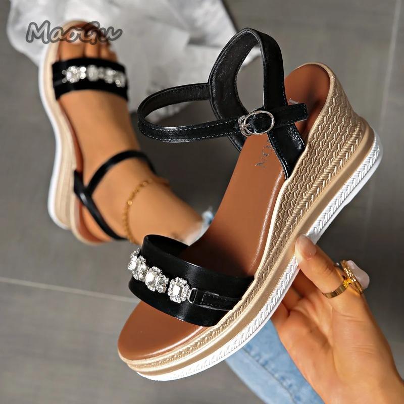 Fashion Shiny Crystal Chain Wedges Sandals for Women Fashion Ankle Buckle Chunky Platform Shoes Summer Thick Sole Non Slip Shoes Size35