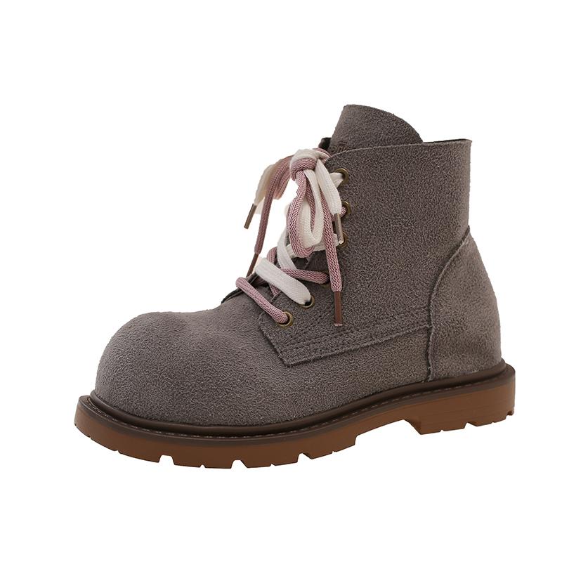 Big Round Toe Low Heel Single Shoes Autumn New Lace-Up Front Suede Anti-Slip Wear-Resistant Shoes