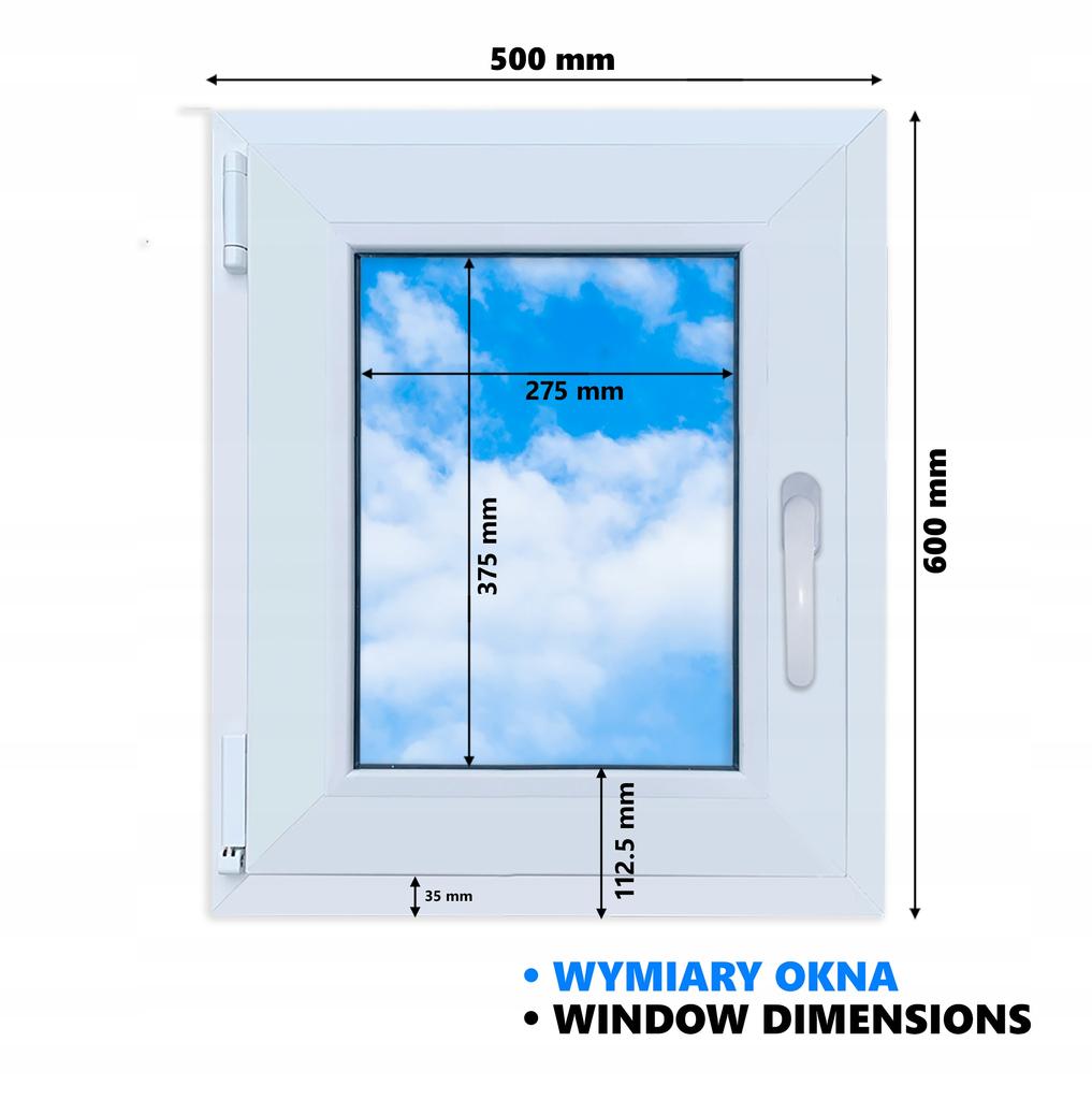 Okno Pcv Białe 50X60 Lewe 500X600 Mm Rozwierno-Uchylne, Dwuszybowe