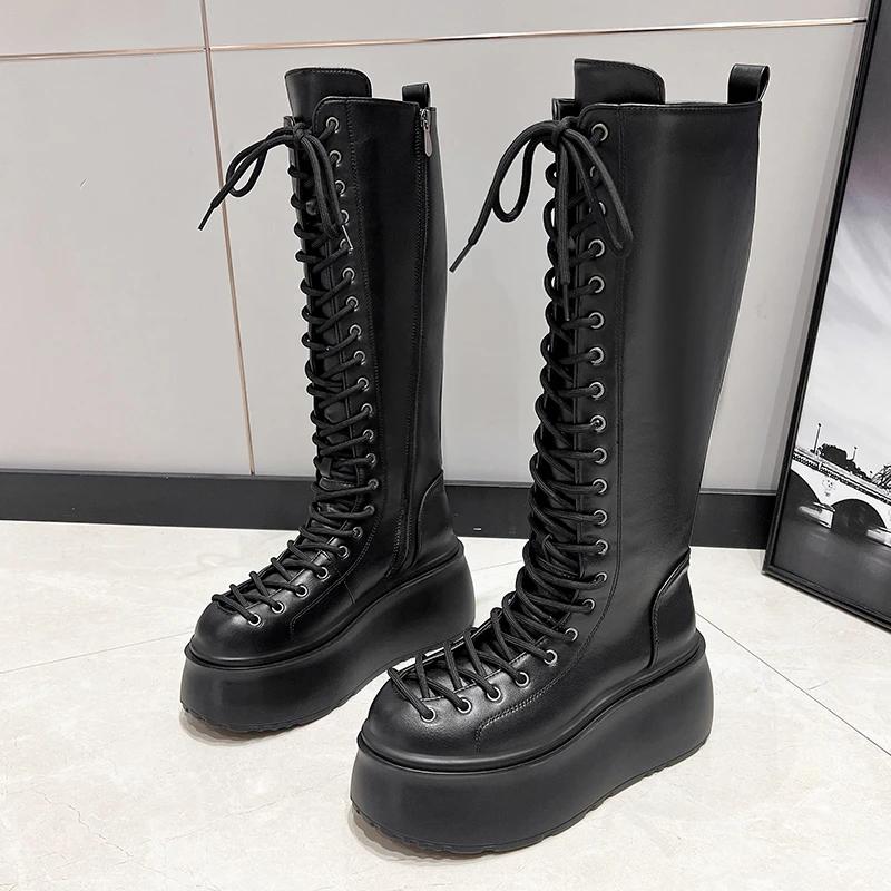 Side Zipper 8 Cm Platform Women Boots Knee High Motorcycle Boots Black Lace Up Long Boots Suede Leather Autumn Winter Shoes