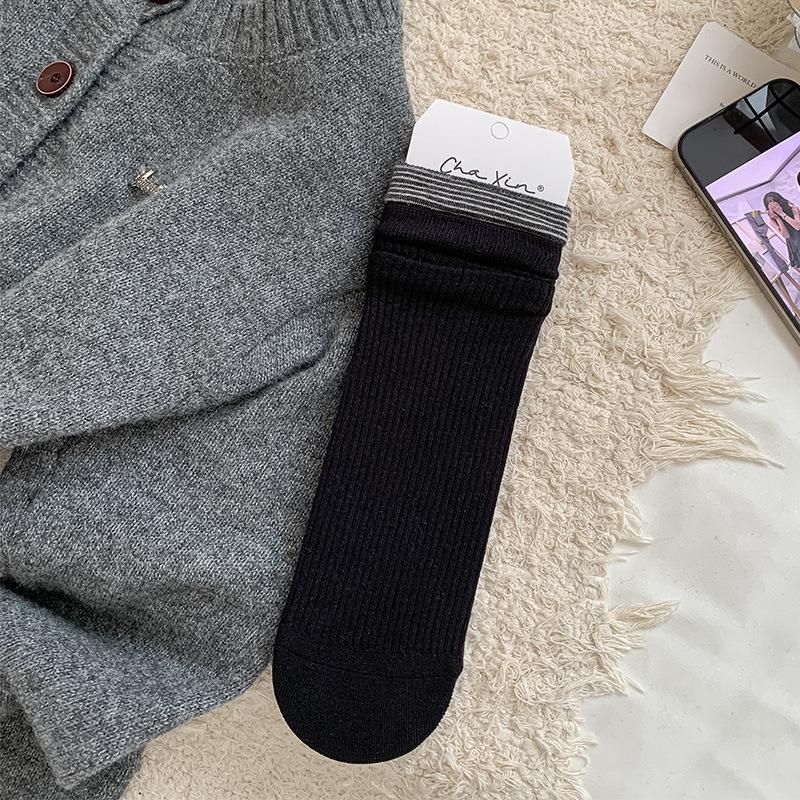 Women's Japanese Style Ribbed Stripe Mid-Calf Socks - Grey Patchwork Fake Two-Piece for Spring/Autumn Versatile Girly Fashion