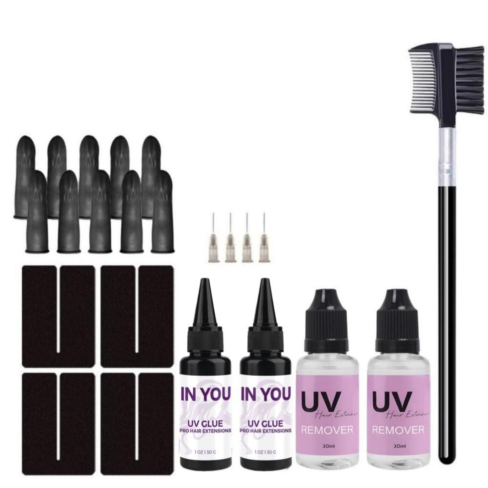 Professional Salon UV Hair Extension Kit, Application & Removal Set with Glue, Remover & Tools Accessories