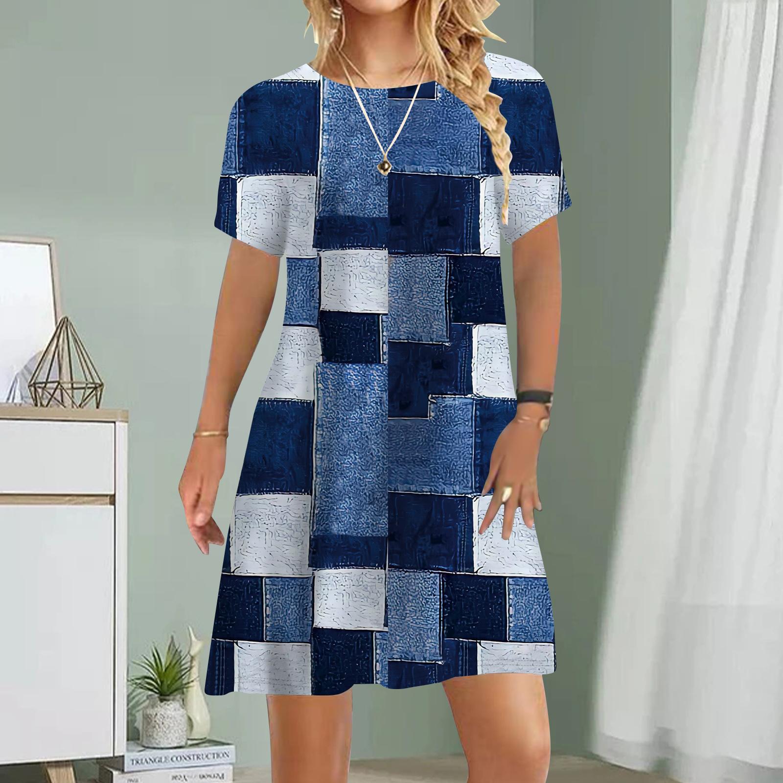 

Женское повседневное платье Летние джинсовые платья с принтом для женщин Платье с коротким рукавом и круглым вырезом Плюс Размер XS синий