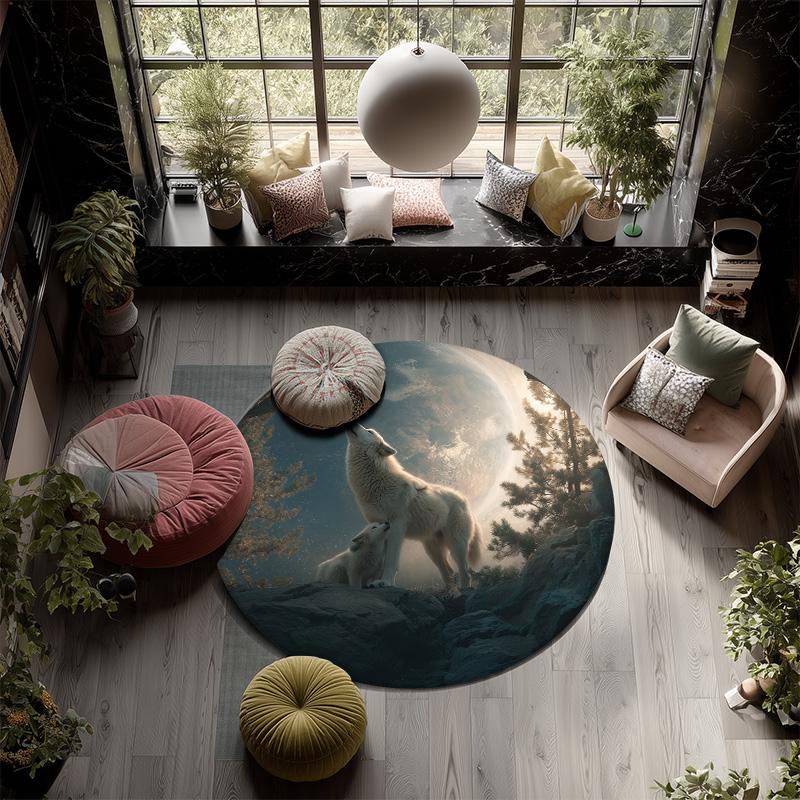 Two White Wolves,Round Area Rug,Carpet Rug for Living Room Bedroom Sofa Playroom Decor,Non-slip Floor Mat