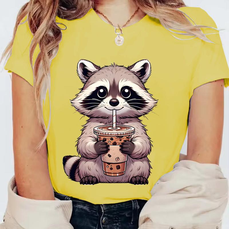 Summer Round Neck 3D Raccoon Pattern Print Top Fashionable Casual Short Sleeved Women's T-shirts