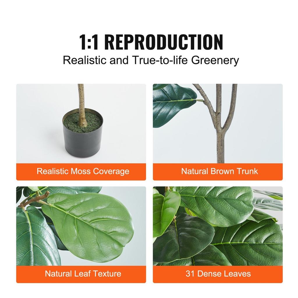 Artificial Fiddle Leaf Fig Tree, 5 FT, Secure PE Material & Anti-Tip Tilt Protection Low-Maintenance Faux Plant, Lifelike Green Fake Potted Tree for