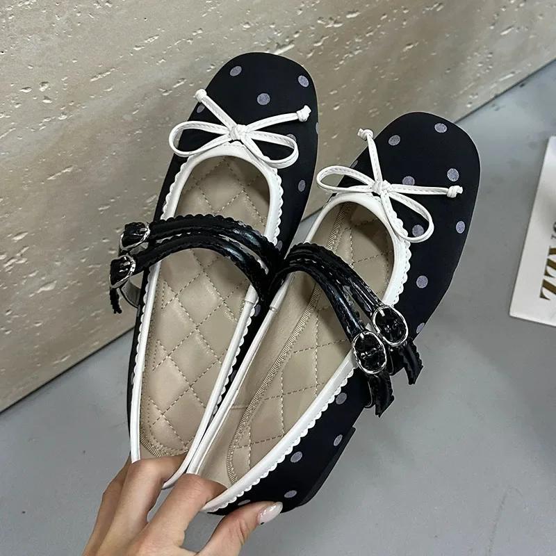 Bow Dot Ballet Flats for Women Round Toe Double Strap Buckle Design Elegant Mary Jane Shoes Fashion Party Comfort Banquet Shoes