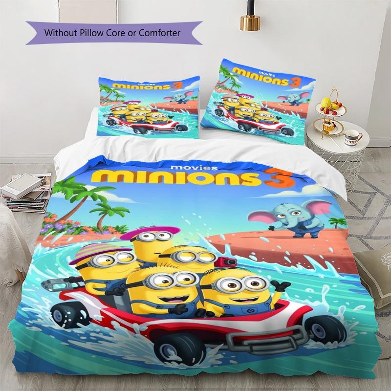 Cartoon Minions Summer Ocean Adventure Print 3‑Pieces Duvet Cover Set Anime Bedding Without Pillow Core or Comforter