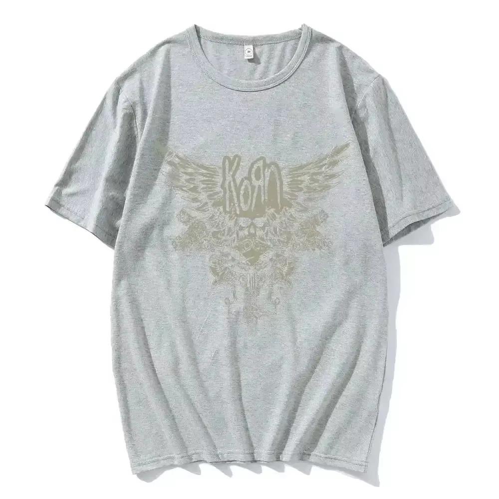 2024 Summer Korn Skull Wings Black T Shirt Women and Men Metal Gothic Band T Shirts Vintage Plus Size T-shirt Cotton Tops
