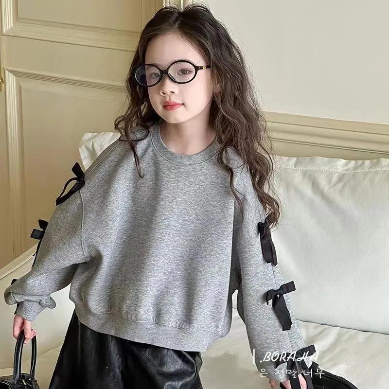 Felpa con fiocco in stile coreano per bambine - 2024 Top casual a maniche lunghe per bambini di taglia media e grande