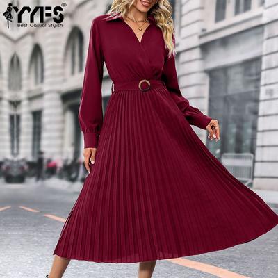 Women's Fashion Spring Fall Solid Color Print Long Sleeve POLO Neck Casual Dresses
