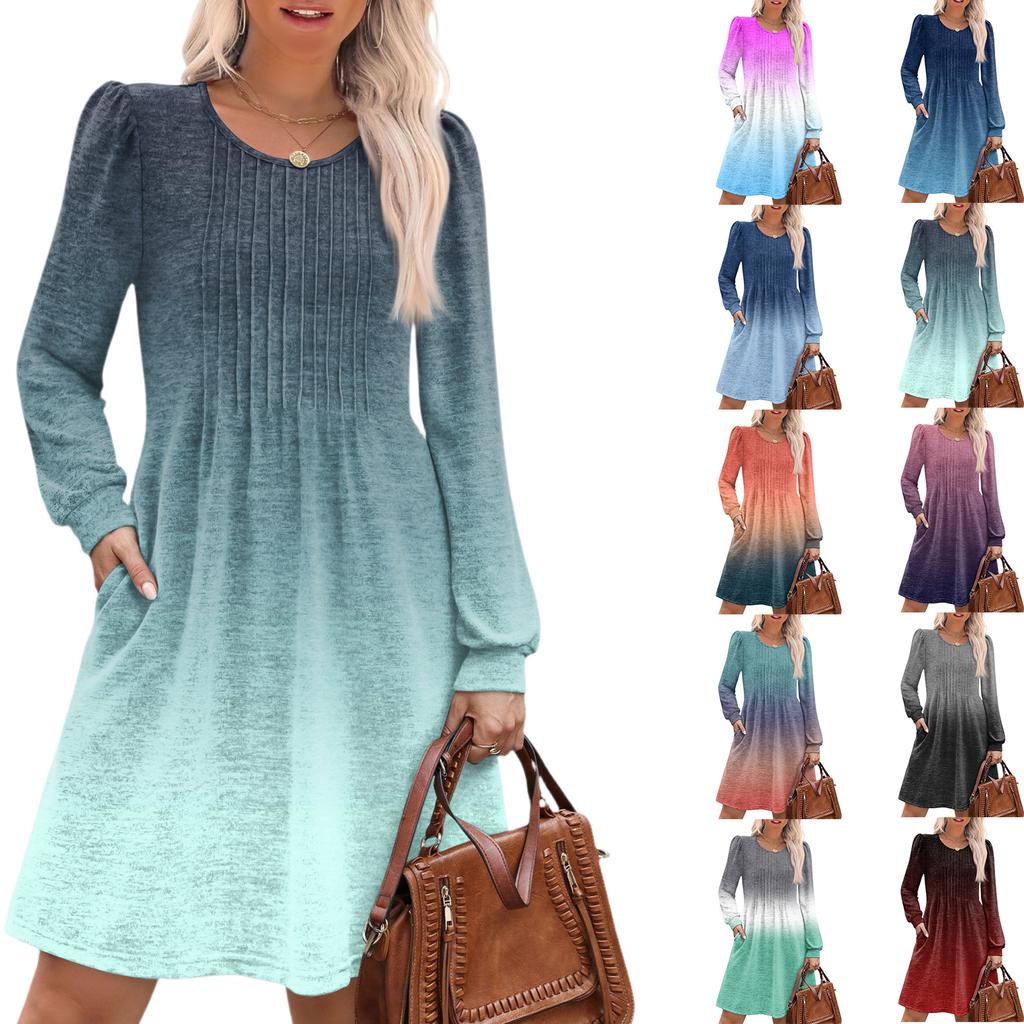 Women's Long Sleeve Pleated Round Neck Gradient Printed Casual Dress With Pockets