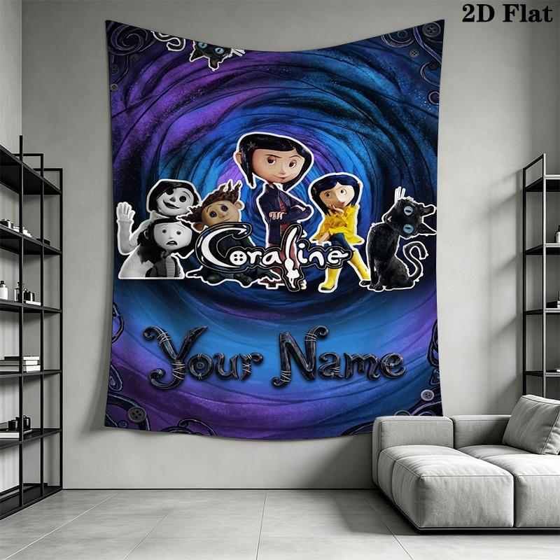 Name Custom Cartoon Coraline Wall Tapestry Aesthetic Wall Hanging Printed Fabric Blanket Decorative Tapestries for Bedroom Living Room Home Decor