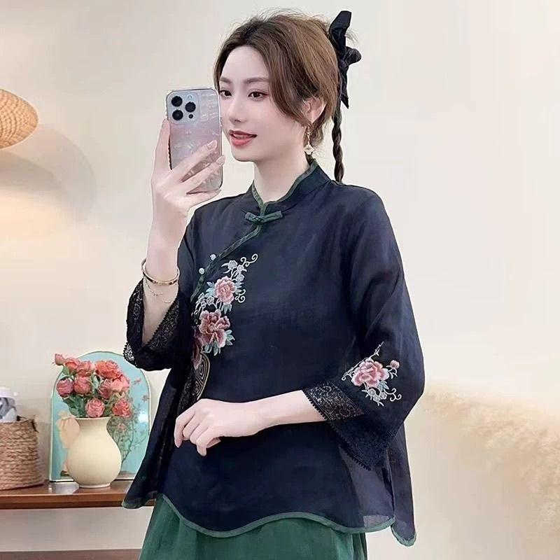 

Ретро стойка воротник хлопок и лен вышивка пряжкой национальный летний новый литературный и художественный косой запах рукав семь восьмых топ M чёрный