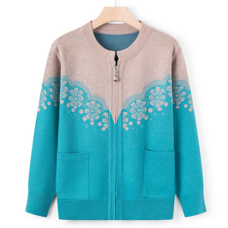 

Женский свитер для осени и зимы для женщин среднего и пожилого возраста, раннеосенняя одежда для мамы, куртка на молнии с круглым вырезом, осенний кардиган для бабушки L зелёный