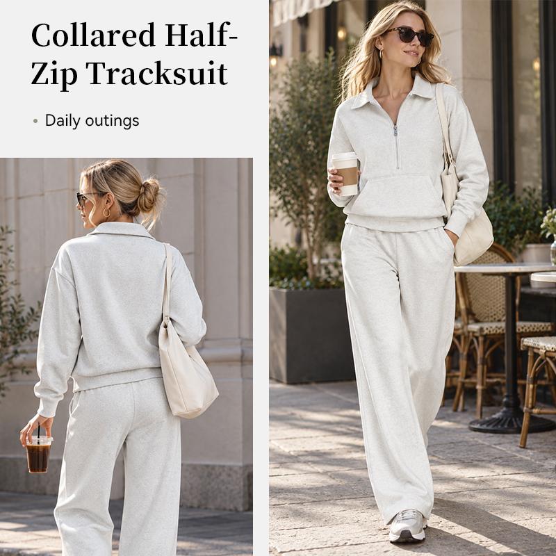 Conjunto de chándal de 2 piezas para mujer, sudadera con media cremallera y cuello, pantalones de pierna ancha, conjunto informal holgado para otoño e invierno